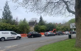 Queues caused by CityFibre roadworks at the entrance and exit of the University of Reading in Shinfield Road. Credit: Simon Bartholomew