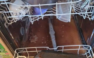 Sewage emerging from the dishwasher machine in a park home at the Riverside Park mobile home site in Scours Lane, Tilehurst.