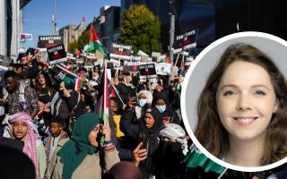 Councillor Laura Blumenthal, who is of Jewish descent. Background: Palestine protest in Birmingham. Credit: Wokingham Borough Council / Jacob KIng/PA Wire