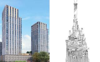 The approved plan for flats added to Broad Street Mall and right, a sketch of The Tower of Sauron from the Lord of the Rings books and film series.