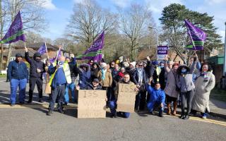 Healthcare contractors on strike calling on their company to pay a one-off payment already received by NHS staff at Prospect Park Hospital. Credit: Amandeep Singh